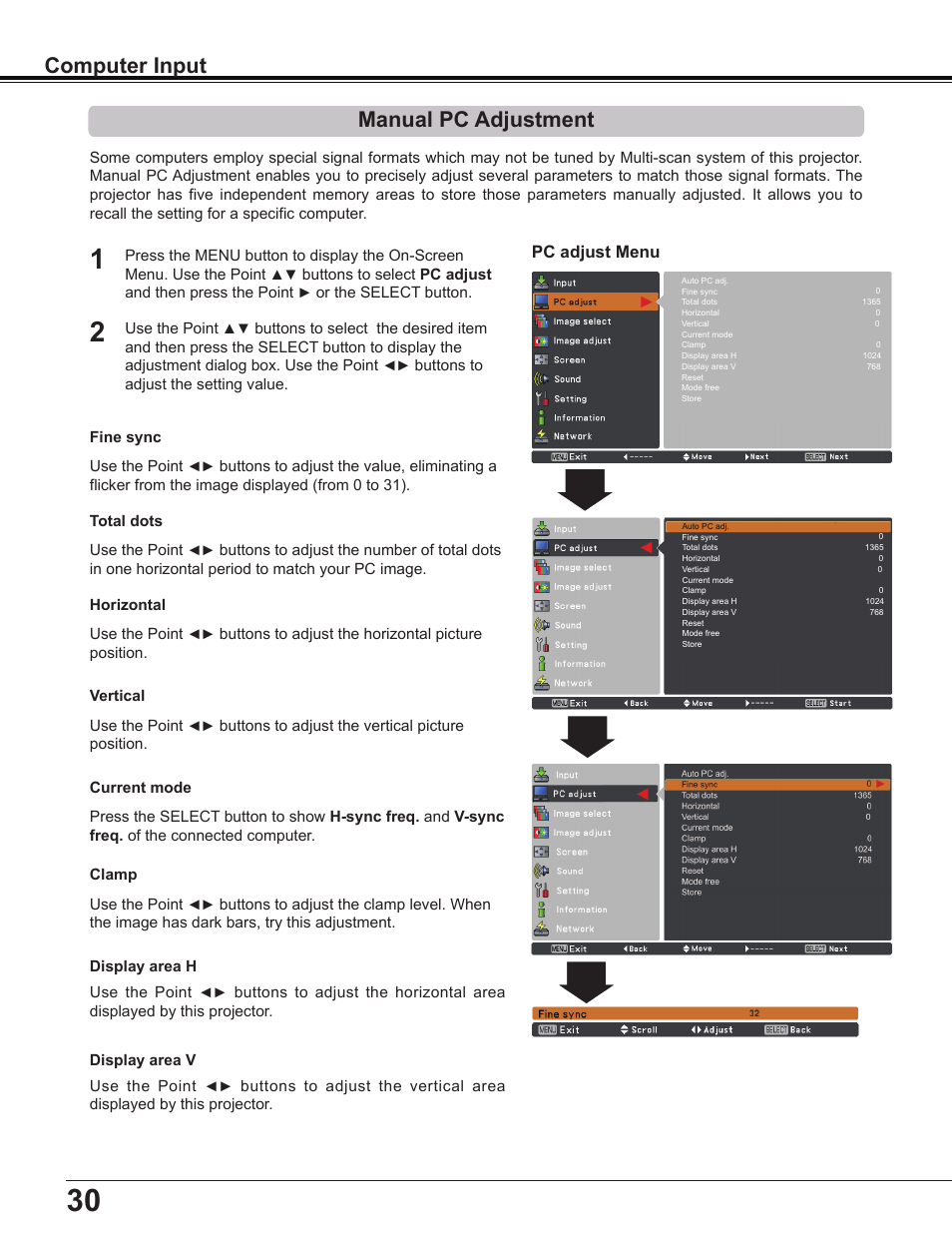 Manual pc adjustment, Computer input, Pc adjust menu | Sanyo Multimedia PLC-XD2600 User Manual | Page 30 / 78