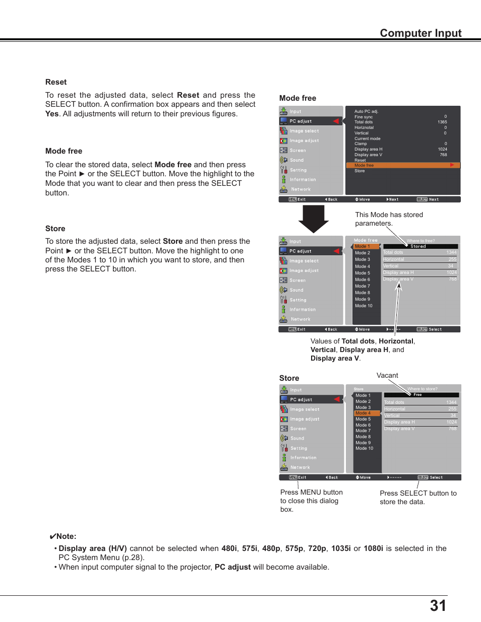 Computer input | Sanyo Multimedia PLC-XD2600 User Manual | Page 31 / 78