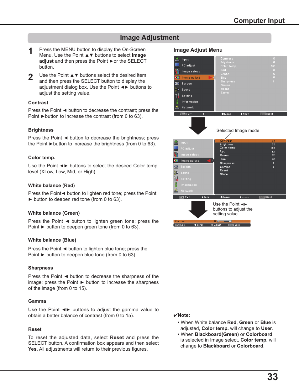 Image adjustment, Computer input | Sanyo Multimedia PLC-XD2600 User Manual | Page 33 / 78