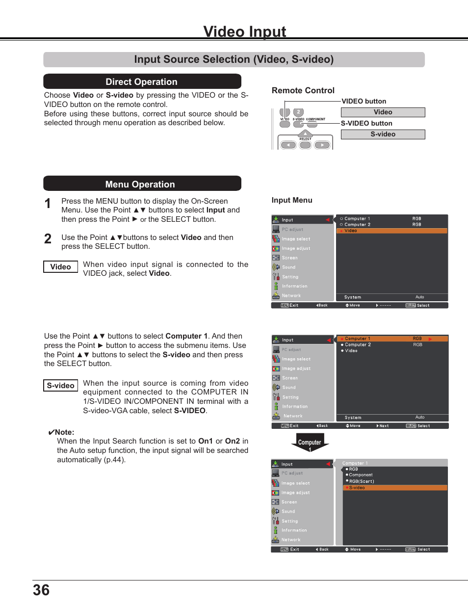 Video input, Input source selection (video, s-video) | Sanyo Multimedia PLC-XD2600 User Manual | Page 36 / 78