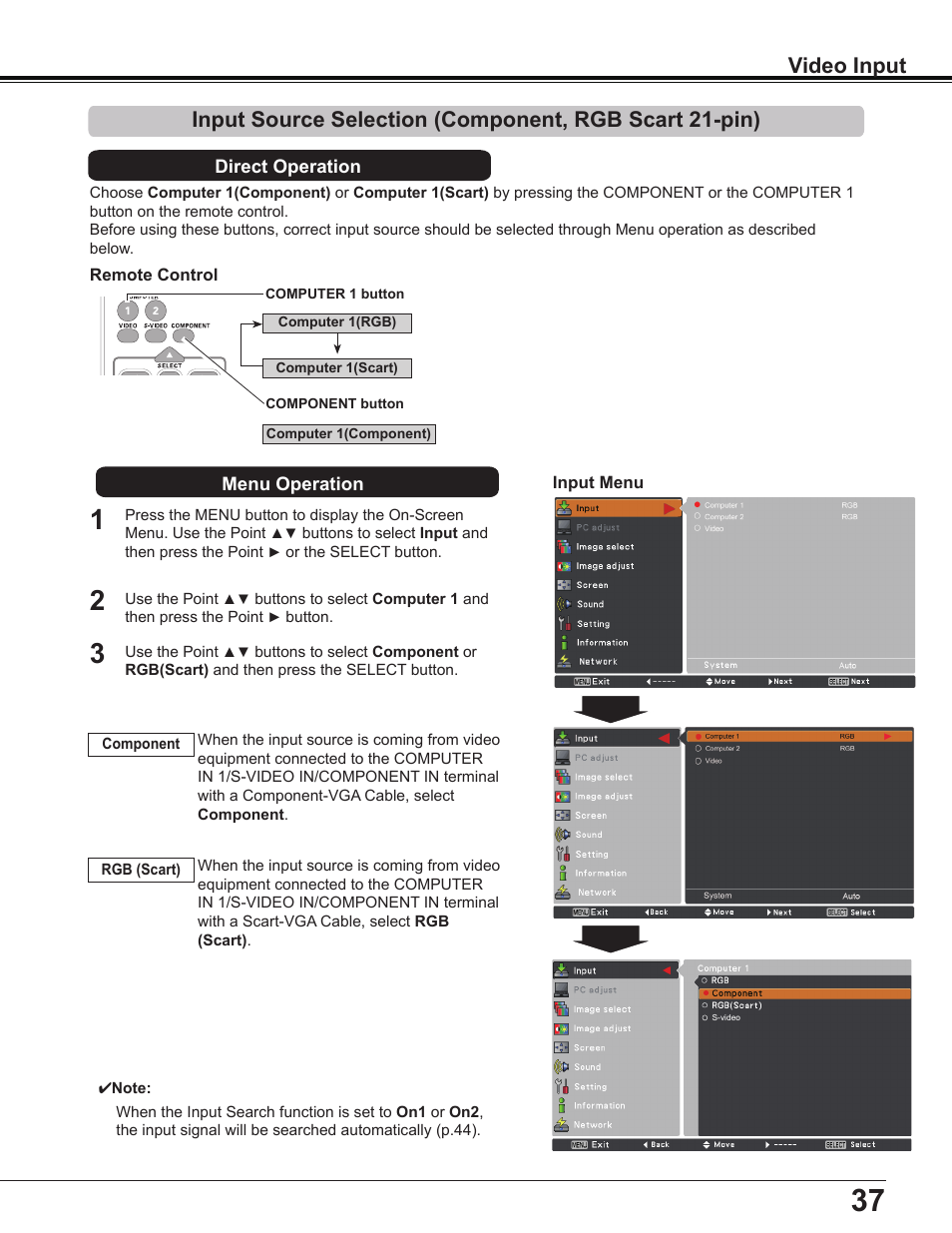 Input source selection (component, rgb scart, Pin), Video input | Sanyo Multimedia PLC-XD2600 User Manual | Page 37 / 78