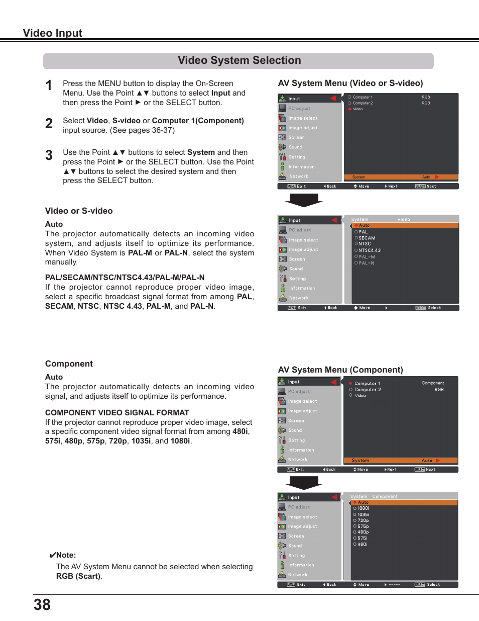 Video system selection, Video input video system selection | Sanyo Multimedia PLC-XD2600 User Manual | Page 38 / 78