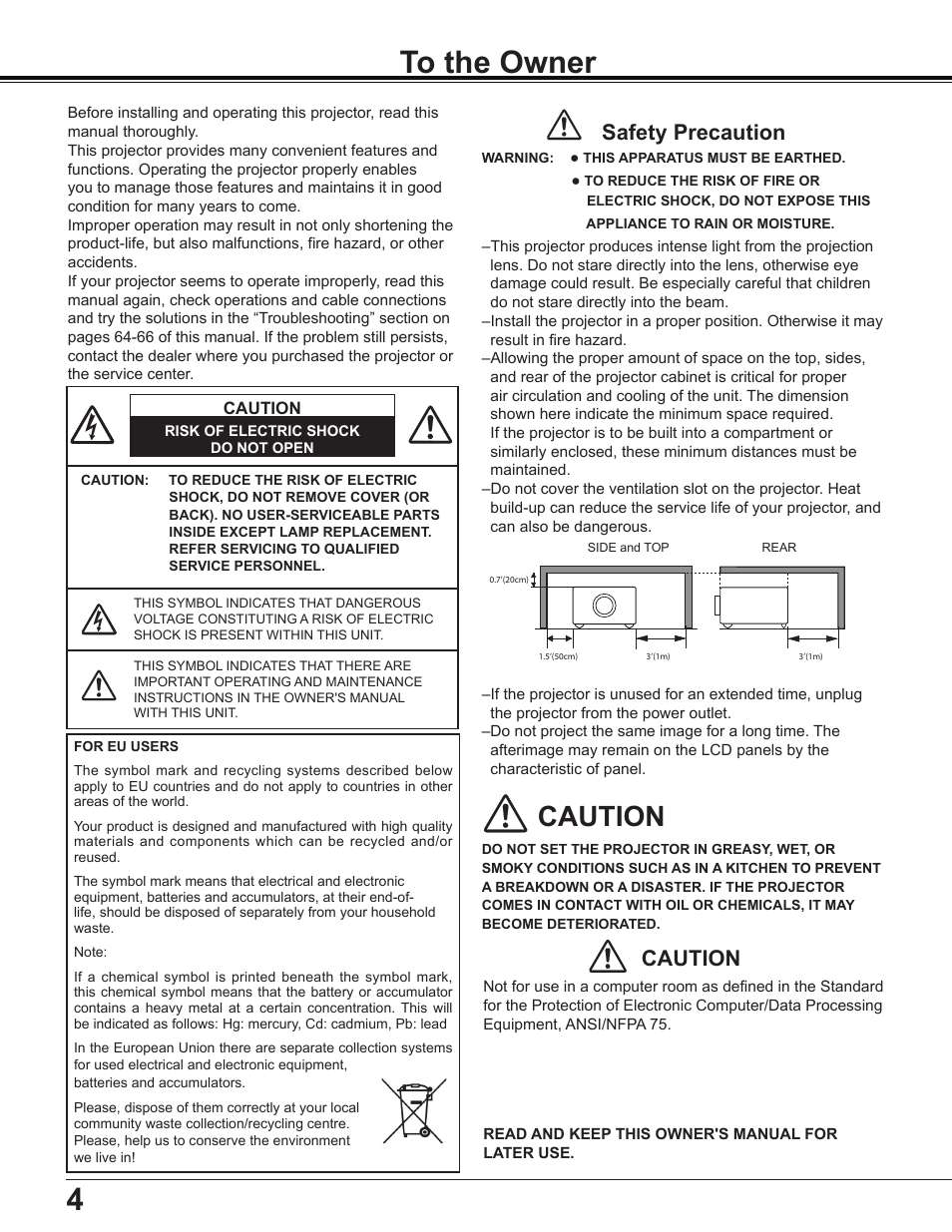 To the owner, 4to the owner, Caution | Safety precaution | Sanyo Multimedia PLC-XD2600 User Manual | Page 4 / 78