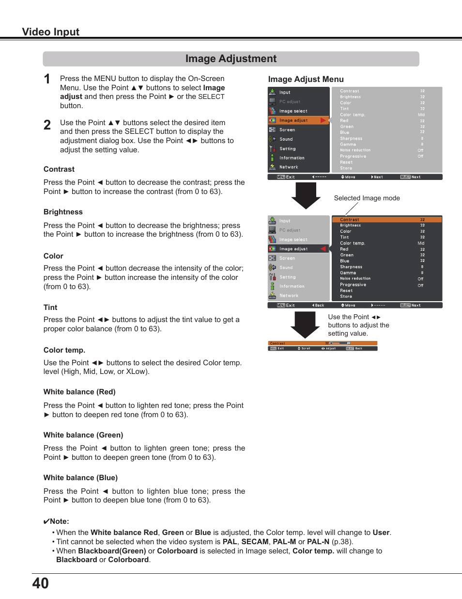 Image adjustment, Video input image adjustment | Sanyo Multimedia PLC-XD2600 User Manual | Page 40 / 78