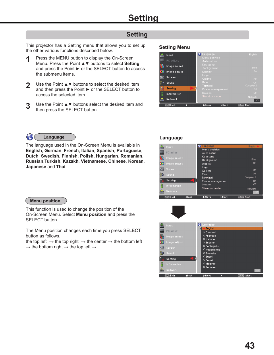 Setting | Sanyo Multimedia PLC-XD2600 User Manual | Page 43 / 78