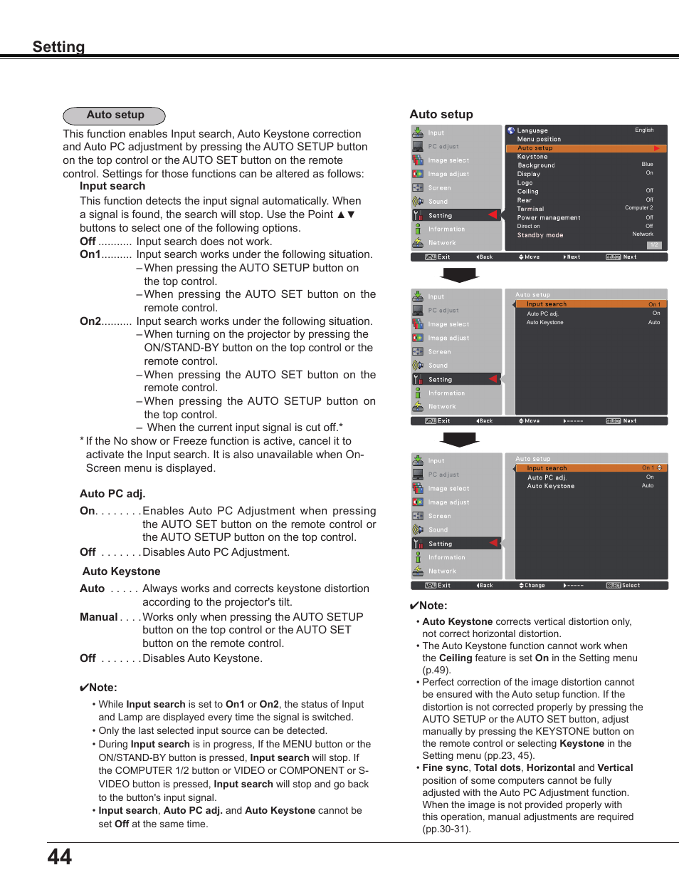 Setting | Sanyo Multimedia PLC-XD2600 User Manual | Page 44 / 78