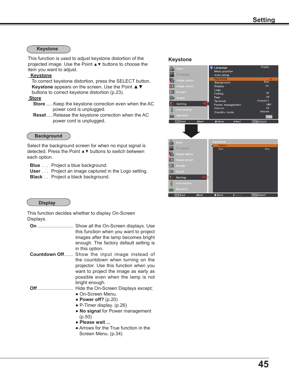 Setting, Keystone | Sanyo Multimedia PLC-XD2600 User Manual | Page 45 / 78