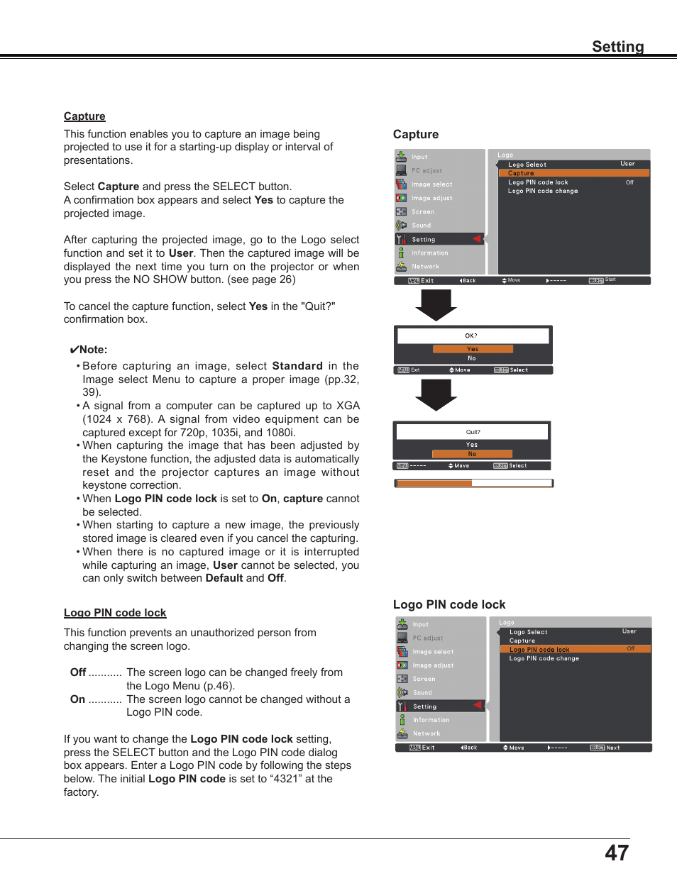 Setting | Sanyo Multimedia PLC-XD2600 User Manual | Page 47 / 78