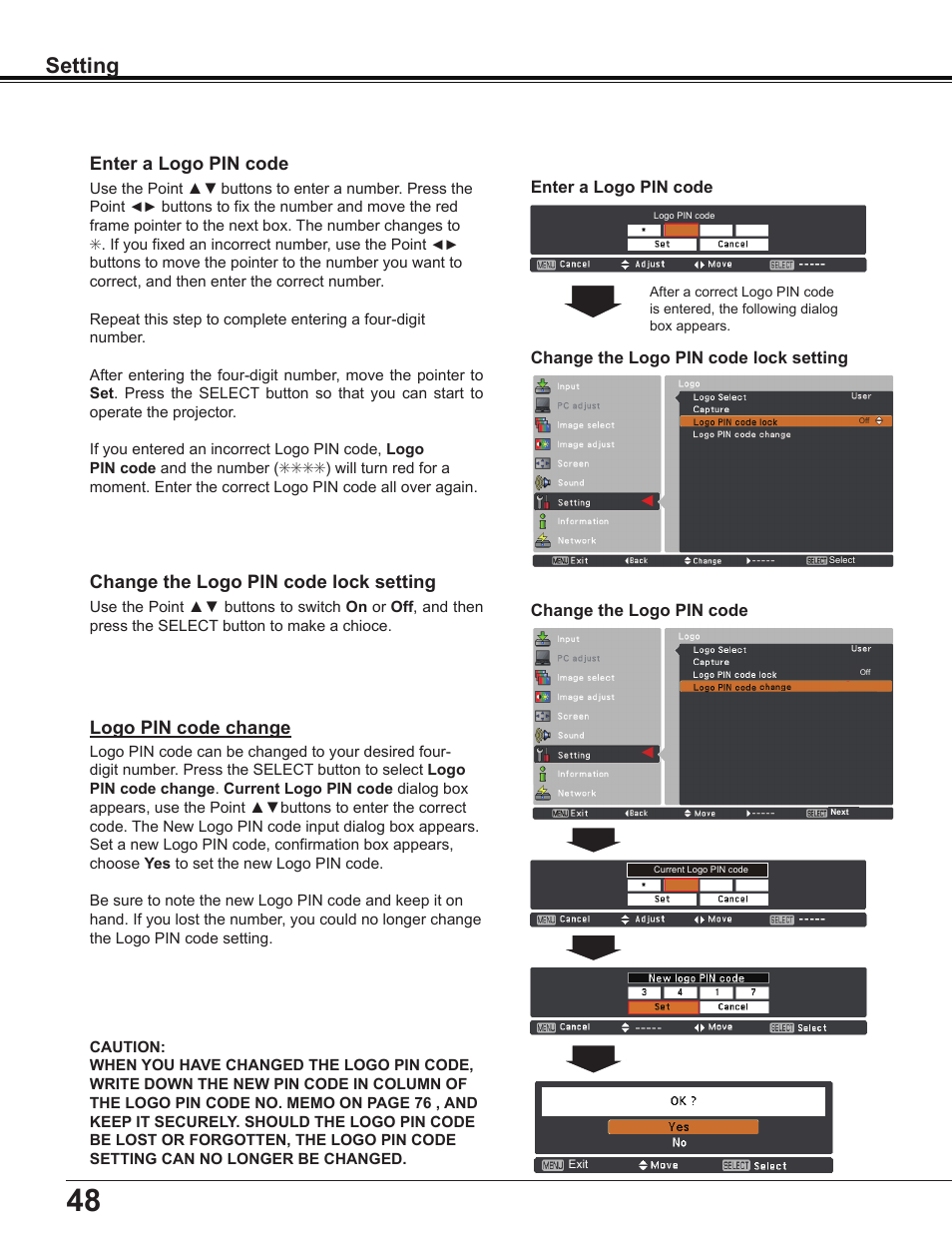 Setting | Sanyo Multimedia PLC-XD2600 User Manual | Page 48 / 78