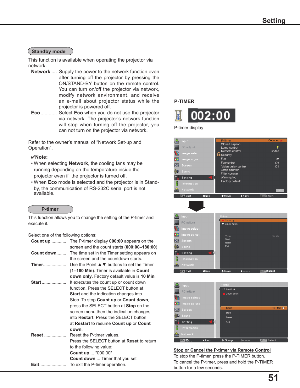 Setting | Sanyo Multimedia PLC-XD2600 User Manual | Page 51 / 78