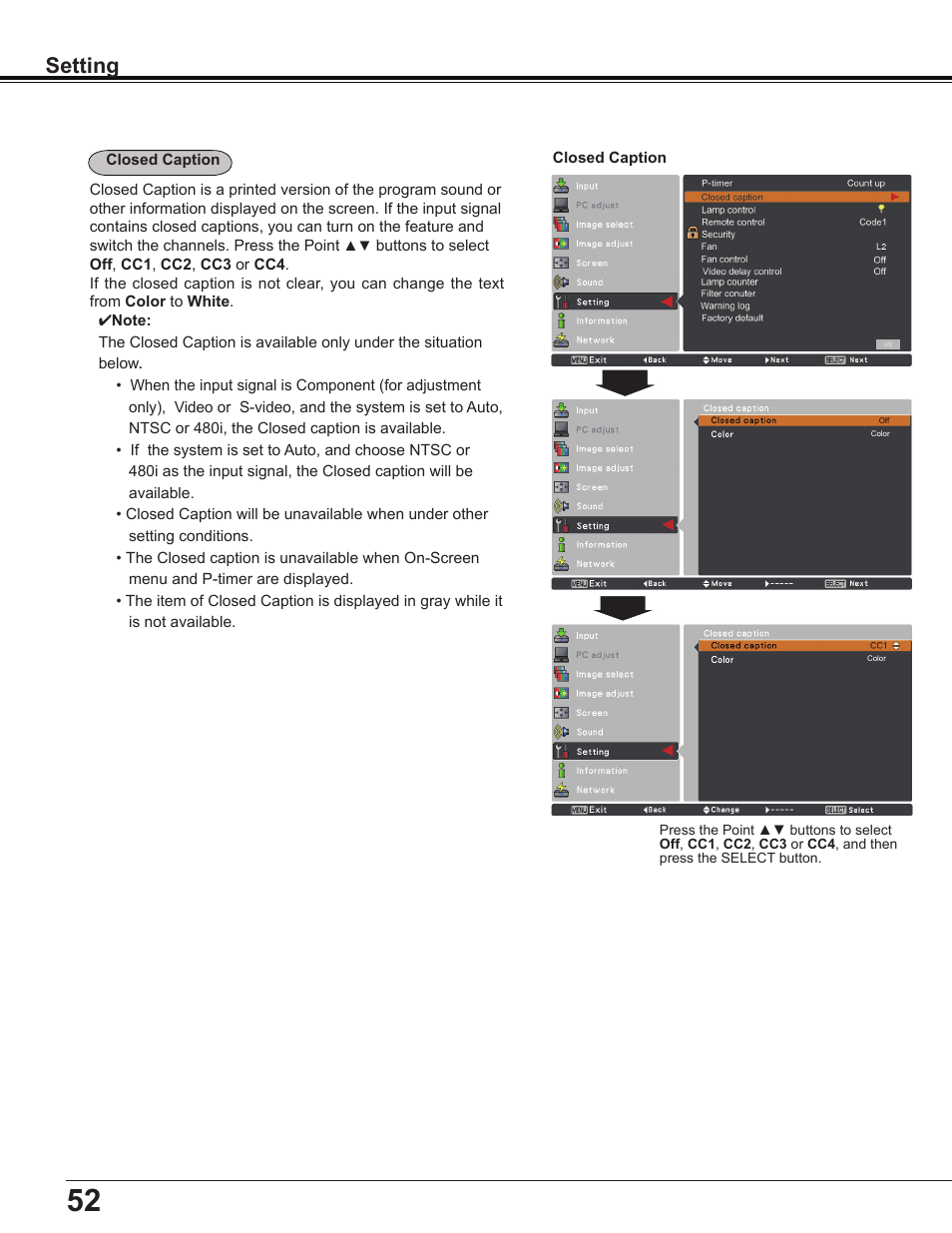 Setting | Sanyo Multimedia PLC-XD2600 User Manual | Page 52 / 78