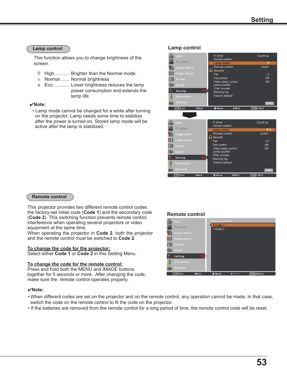 Setting | Sanyo Multimedia PLC-XD2600 User Manual | Page 53 / 78