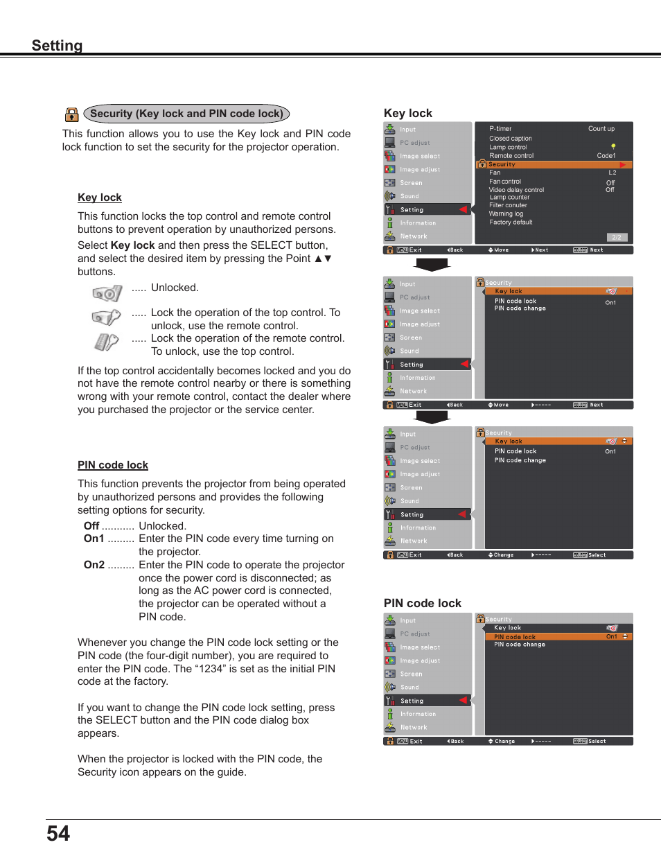 Setting | Sanyo Multimedia PLC-XD2600 User Manual | Page 54 / 78