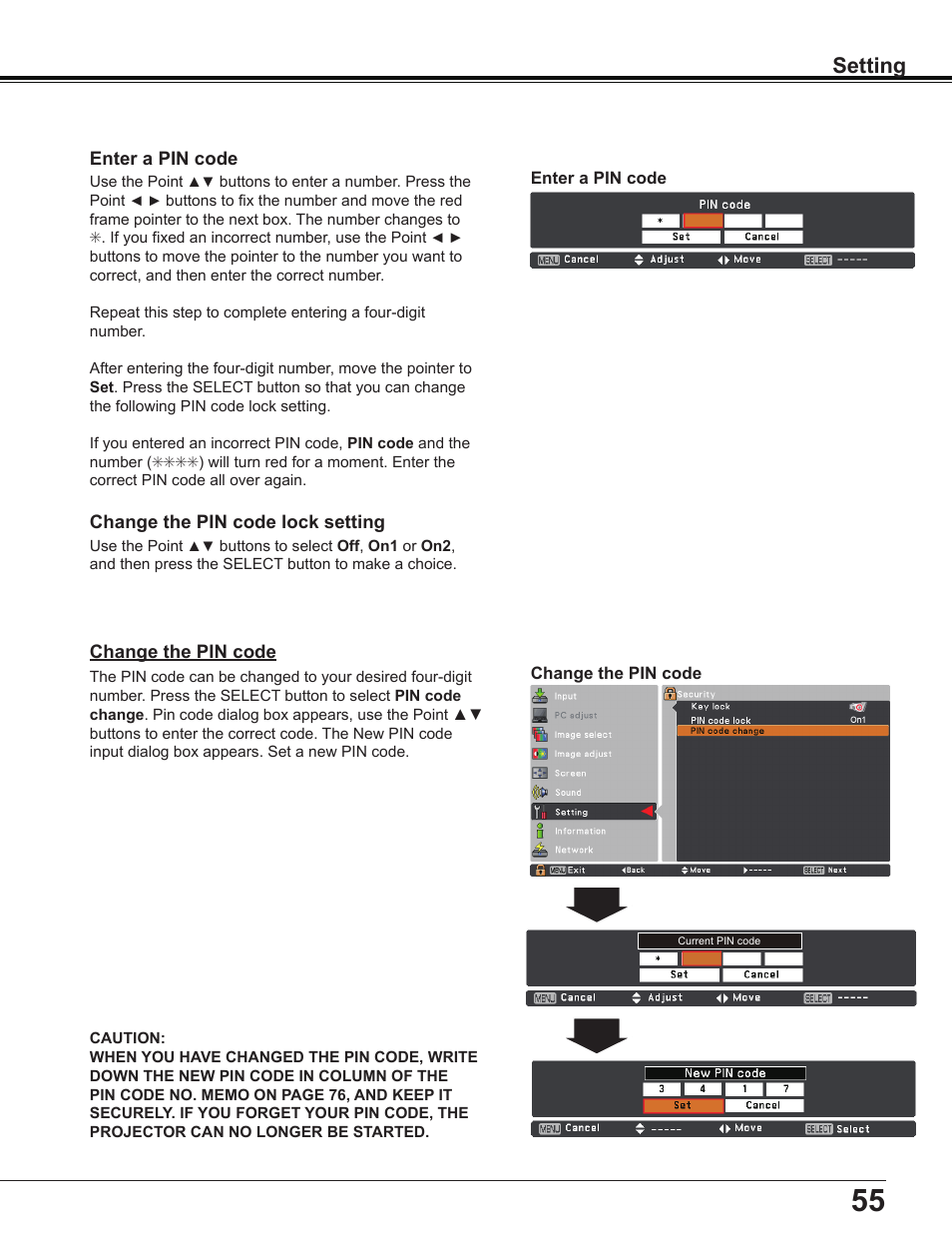 Setting | Sanyo Multimedia PLC-XD2600 User Manual | Page 55 / 78