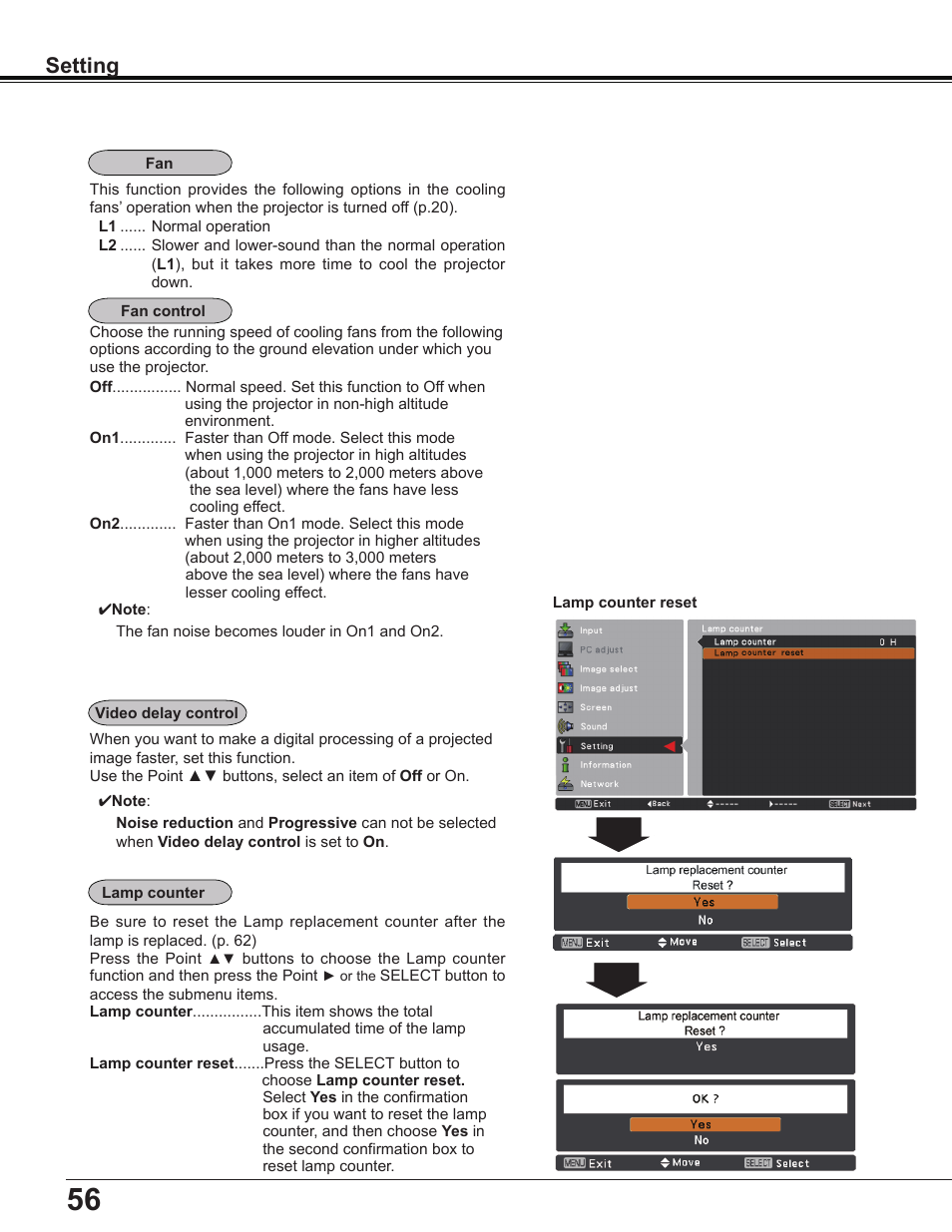 Setting | Sanyo Multimedia PLC-XD2600 User Manual | Page 56 / 78