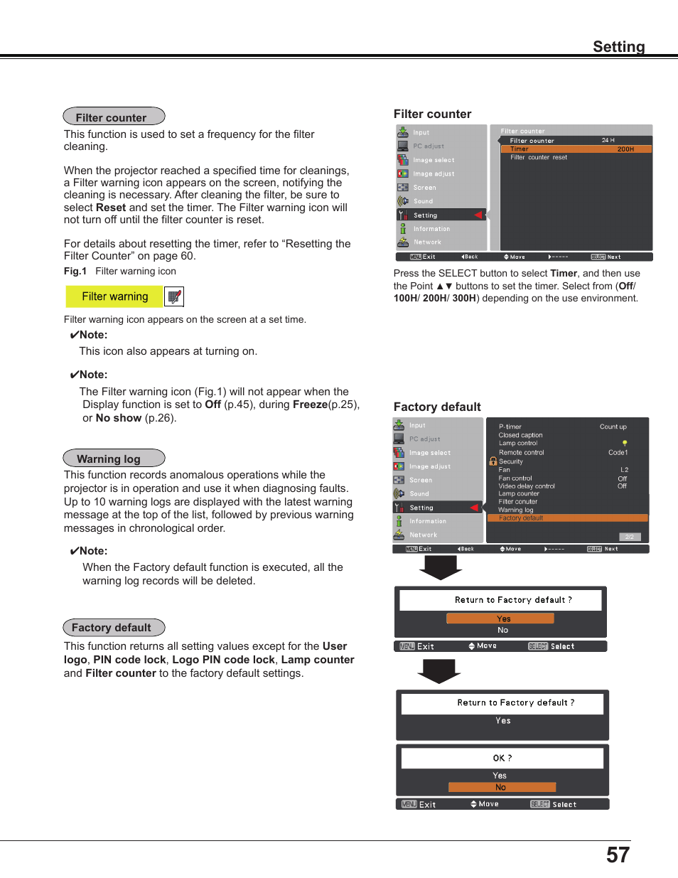 Setting | Sanyo Multimedia PLC-XD2600 User Manual | Page 57 / 78
