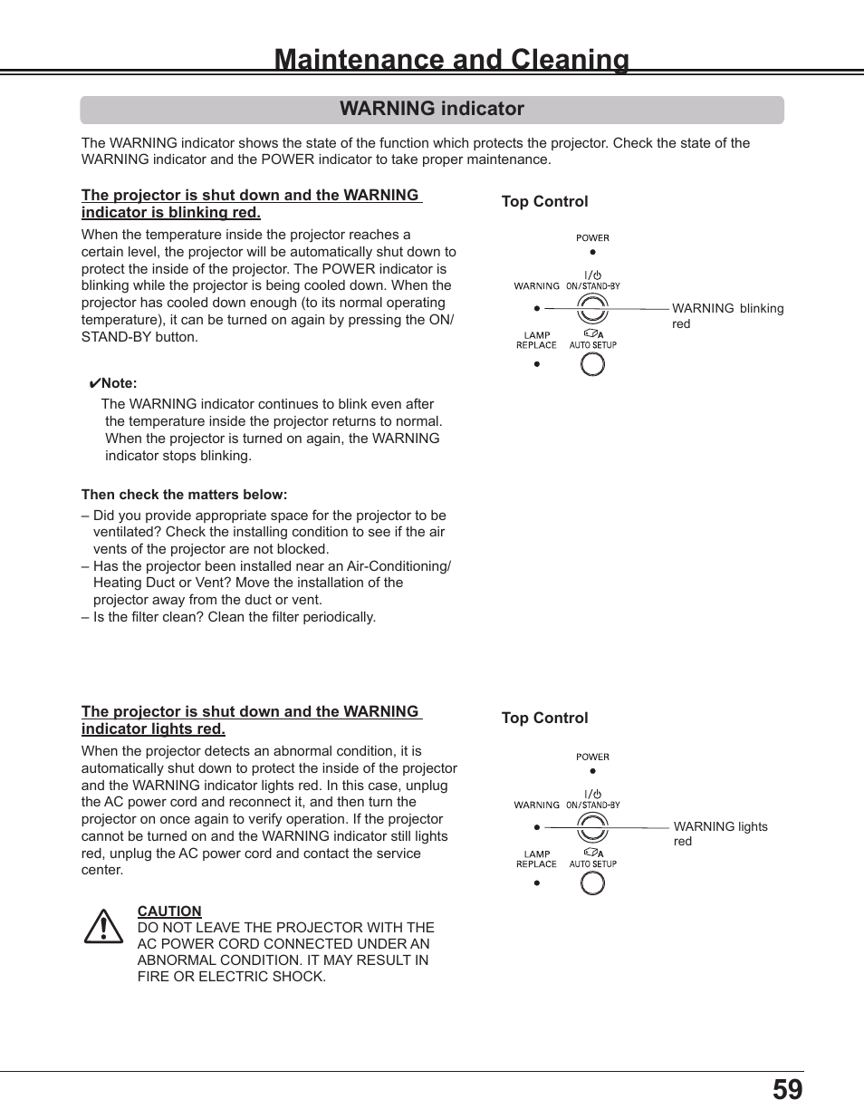 Maintenance and cleaning, Warning indicator, 59 information | Sanyo Multimedia PLC-XD2600 User Manual | Page 59 / 78
