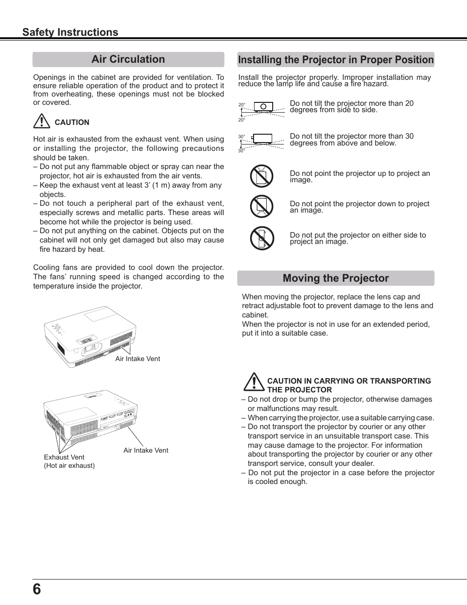 Air circulation, Installing the projector in proper position, Moving the projector | Safety instructions | Sanyo Multimedia PLC-XD2600 User Manual | Page 6 / 78