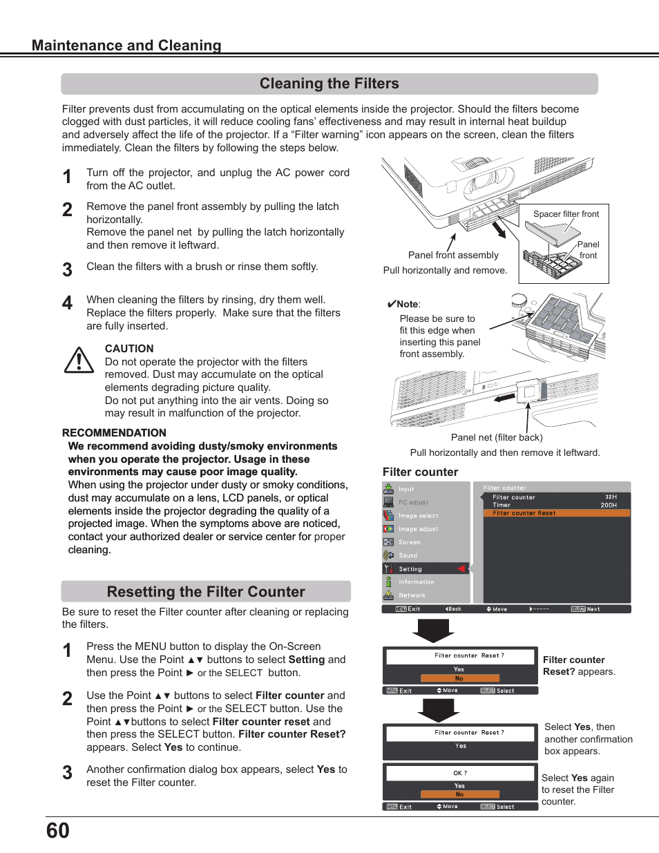 Cleaning the filters, Resetting the filter counter, Maintenance and cleaning | Sanyo Multimedia PLC-XD2600 User Manual | Page 60 / 78