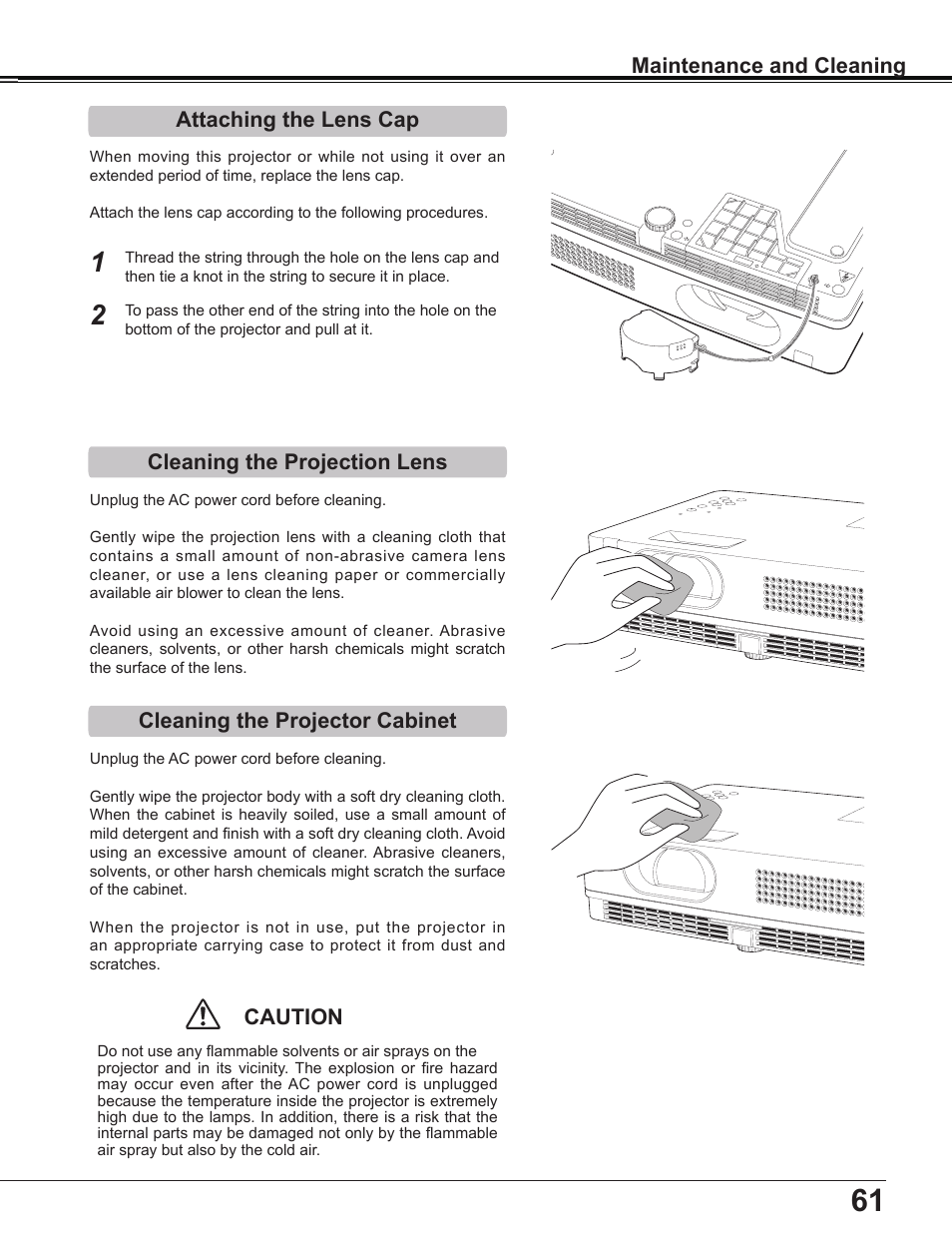 Attaching the lens cap, Cleaning the projection lens, Cleaning the projector cabinet | Caution | Sanyo Multimedia PLC-XD2600 User Manual | Page 61 / 78