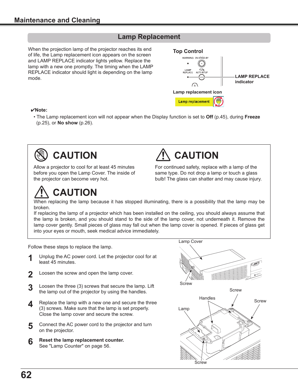 Lamp replacement, Caution, Maintenance and cleaning | Sanyo Multimedia PLC-XD2600 User Manual | Page 62 / 78