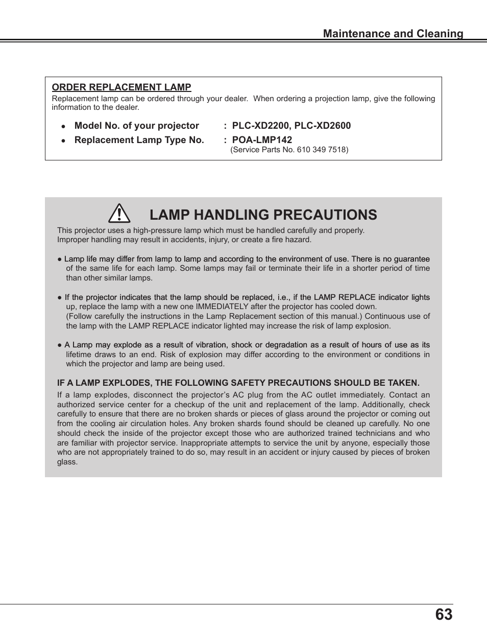 Lamp handling precautions, Maintenance and cleaning | Sanyo Multimedia PLC-XD2600 User Manual | Page 63 / 78