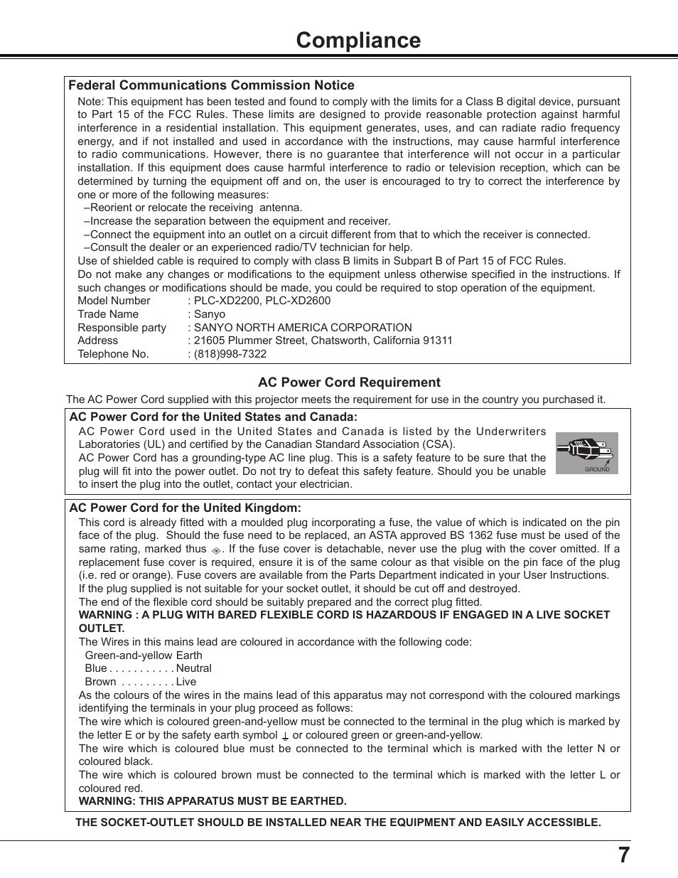 Compliance, Safety instructions | Sanyo Multimedia PLC-XD2600 User Manual | Page 7 / 78