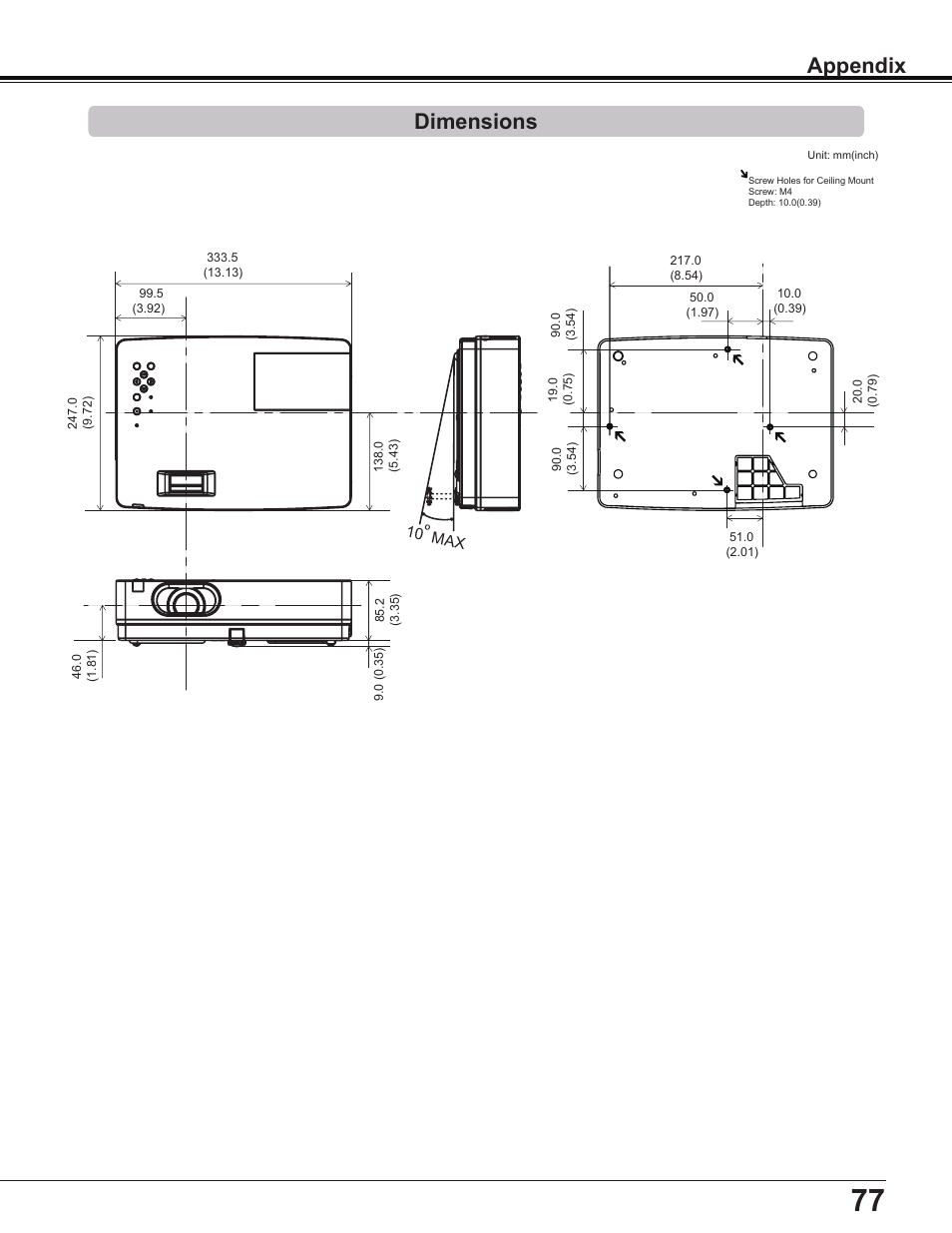 Dimensions, Appendix dimensions | Sanyo Multimedia PLC-XD2600 User Manual | Page 77 / 78