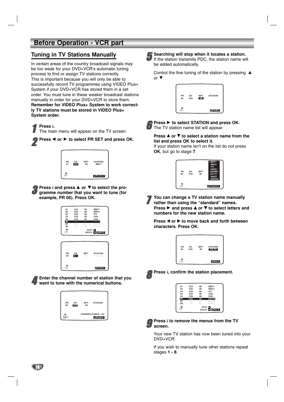 Before operation - vcr part, Tuning in tv stations manually, Press | Press i and press, And press, Press i, confirm the station placement | Sanyo HV-DX1E User Manual | Page 14 / 40