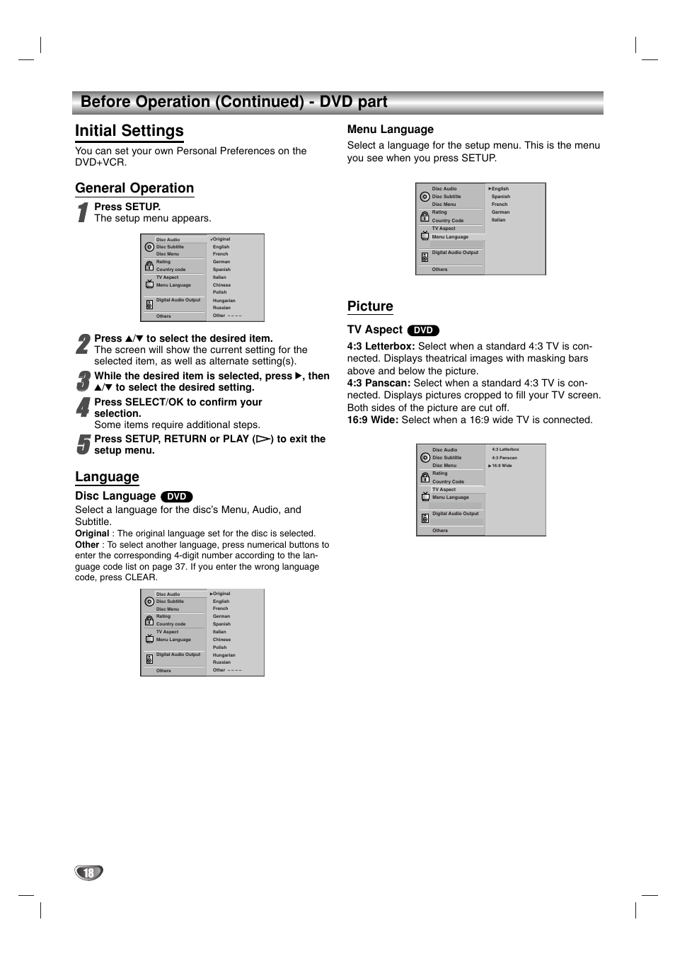 General operation, Language, Picture | Disc language, Menu language, Tv aspect | Sanyo HV-DX1E User Manual | Page 18 / 40