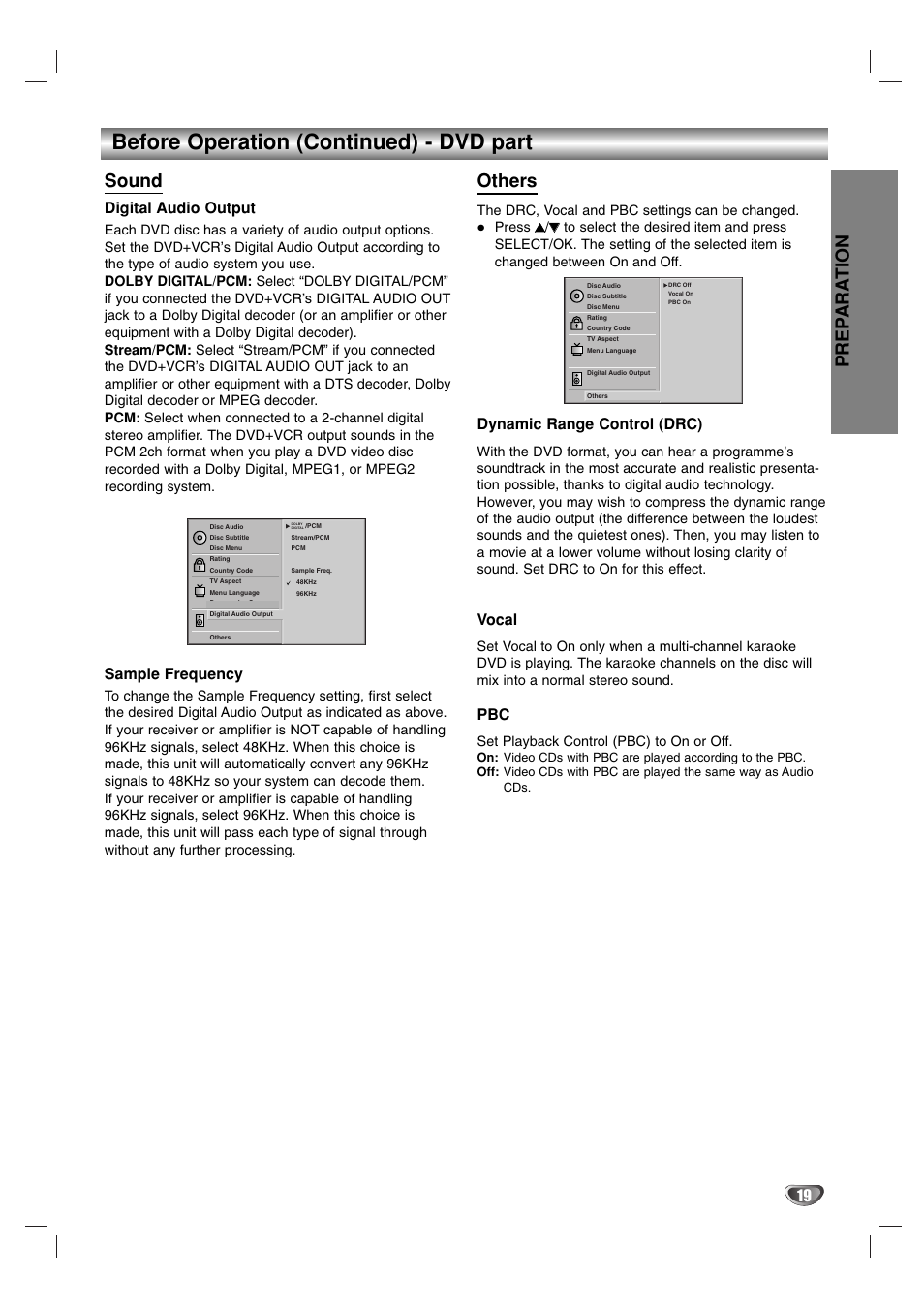 Before operation (continued) - dvd part, Prep ara tion, Sound | Others, Digital audio output, Sample frequency, Dynamic range control (drc), Vocal, Set playback control (pbc) to on or off | Sanyo HV-DX1E User Manual | Page 19 / 40