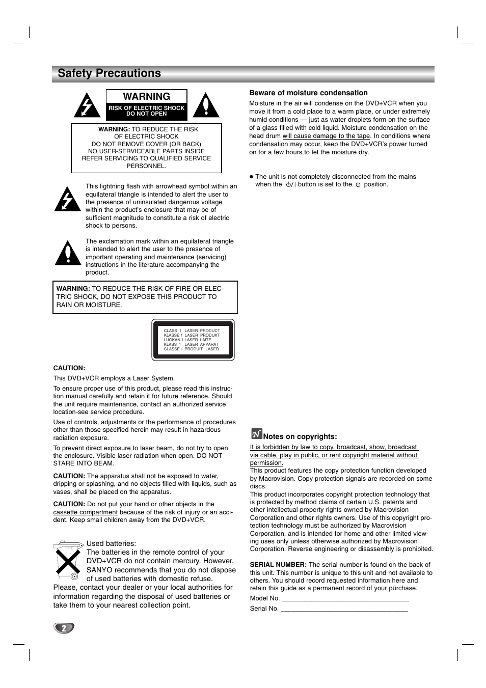 Safety precautions, Warning | Sanyo HV-DX1E User Manual | Page 2 / 40