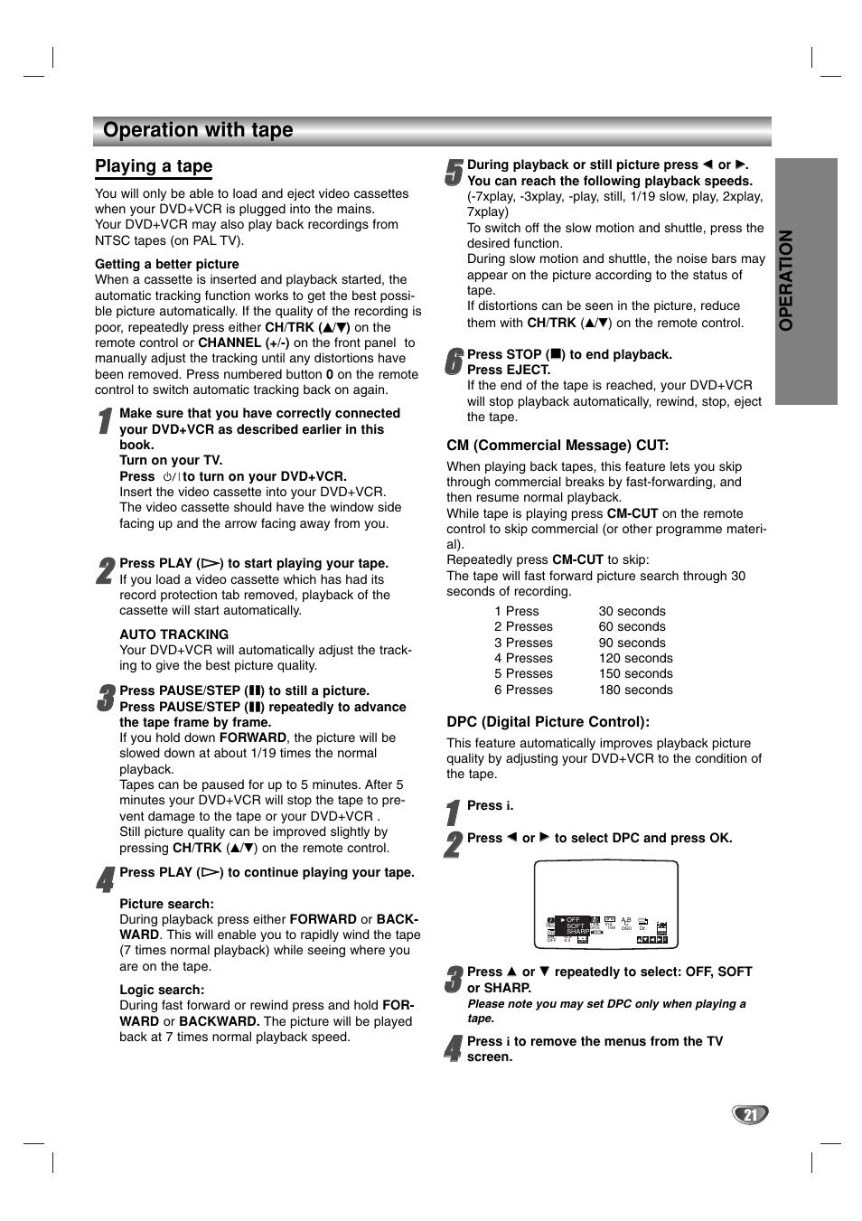 Operation with tape, Opera tion, Playing a tape | Sanyo HV-DX1E User Manual | Page 21 / 40