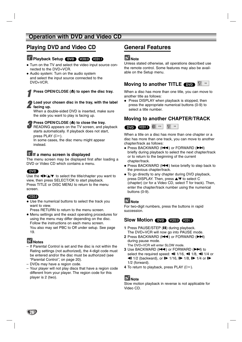 General features, Moving to another title, Moving to another chapter/track | Slow motion | Sanyo HV-DX1E User Manual | Page 26 / 40