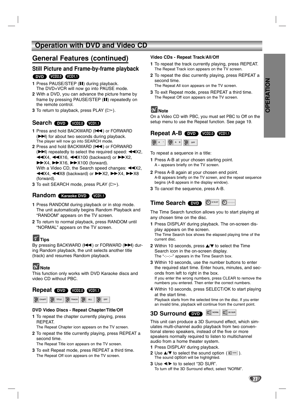Still picture and frame-by-frame playback, Search, Random | Repeat, Repeat a-b, Time search, 3d surround, Opera tion | Sanyo HV-DX1E User Manual | Page 27 / 40