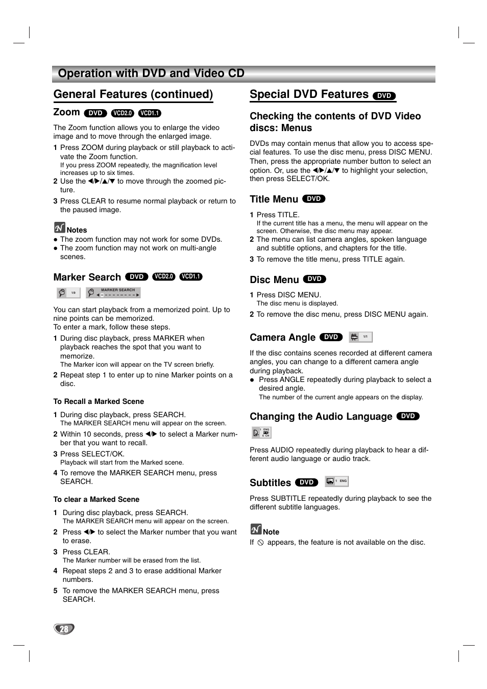 Special dvd features, Zoom, Marker search | Checking the contents of dvd video discs: menus, Title menu, Disc menu, Camera angle, Changing the audio language, Subtitles | Sanyo HV-DX1E User Manual | Page 28 / 40