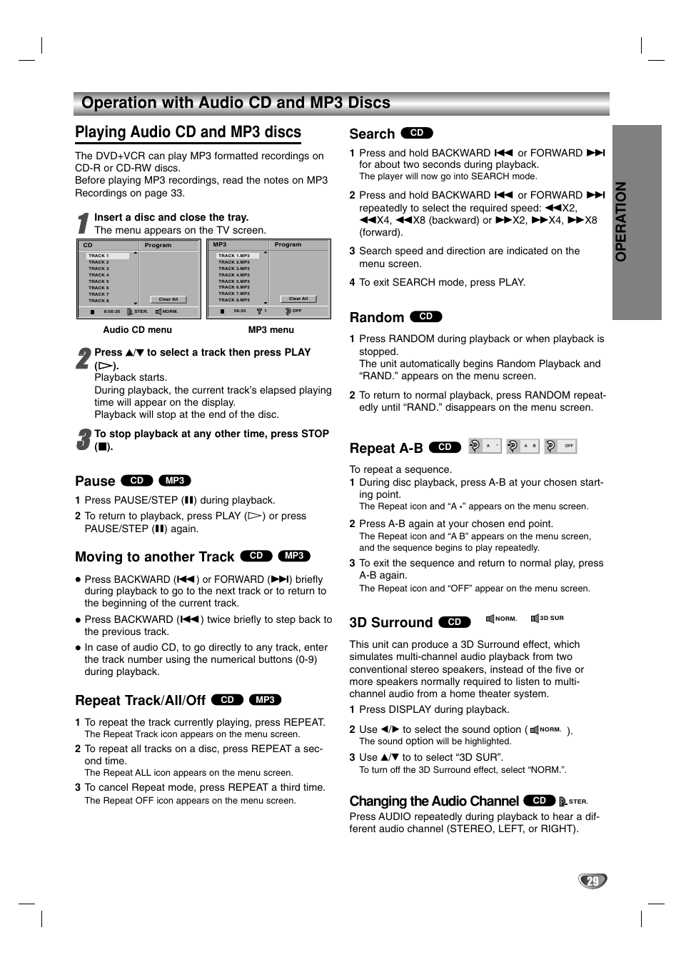 Pause, Moving to another track, Repeat track/all/off | Search, Random, Repeat a-b, 3d surround, Changing the audio channel, Opera tion | Sanyo HV-DX1E User Manual | Page 29 / 40