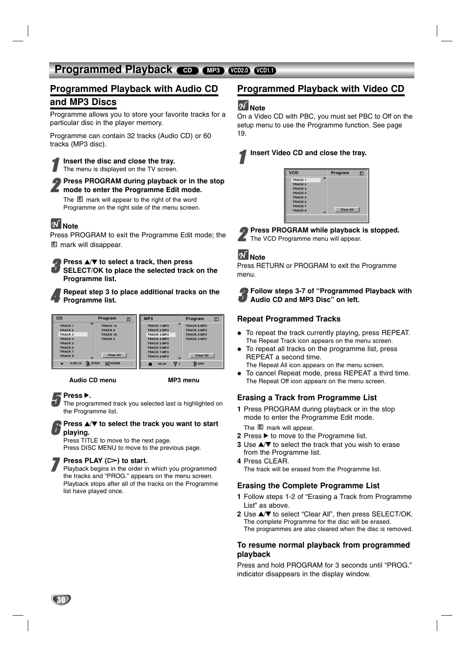 Programmed playback, Programmed playback with audio cd and mp3 discs, Programmed playback with video cd | Sanyo HV-DX1E User Manual | Page 30 / 40