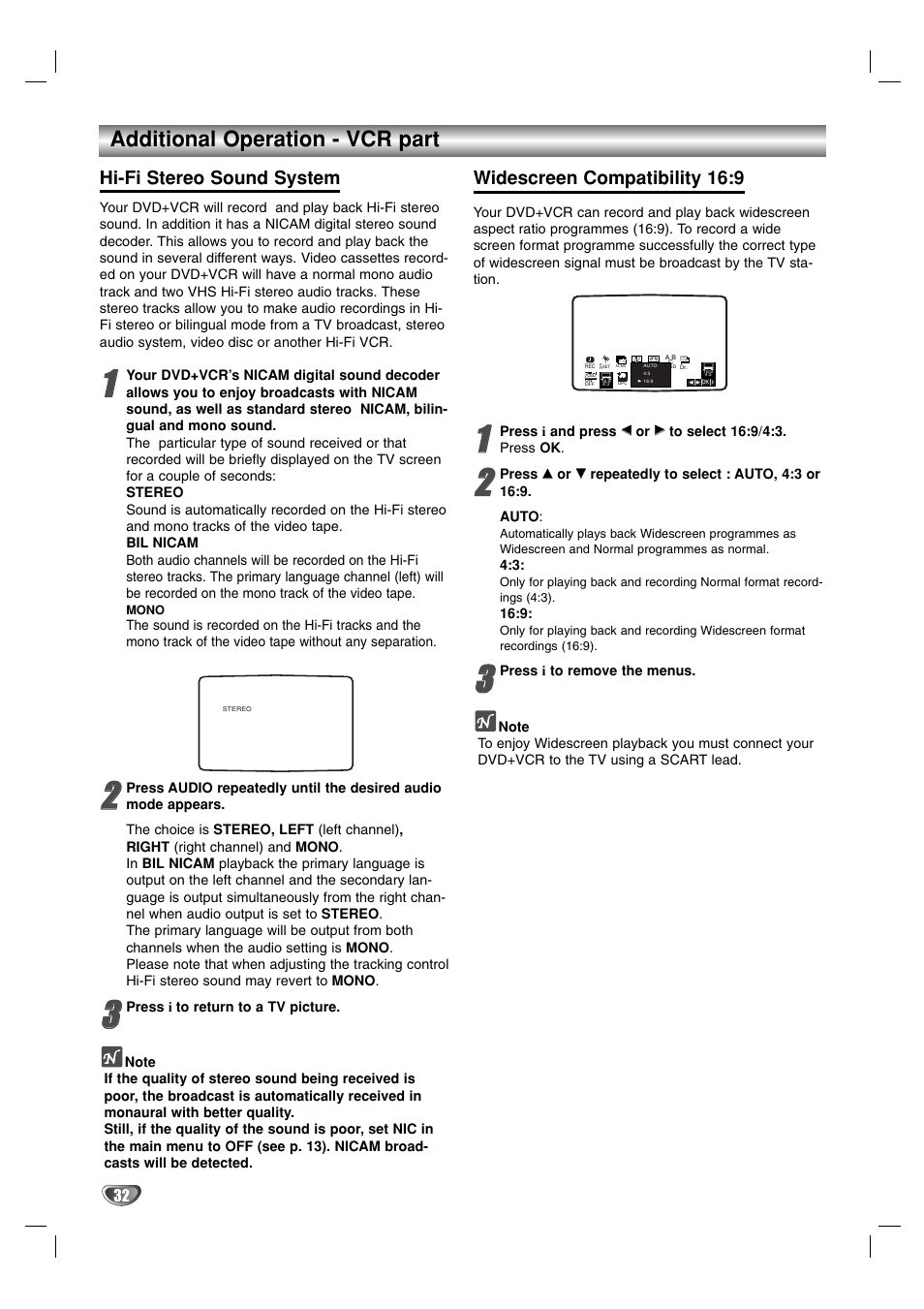 Additional operation - vcr part, Hi-fi stereo sound system, Widescreen compatibility 16:9 | Sanyo HV-DX1E User Manual | Page 32 / 40