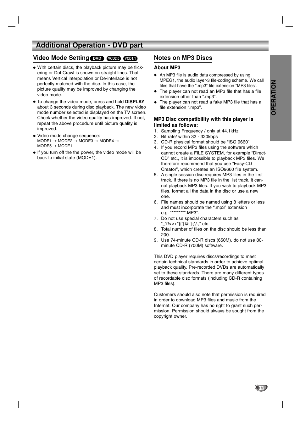 Additional operation - dvd part, Video mode setting, Opera tion | Sanyo HV-DX1E User Manual | Page 33 / 40