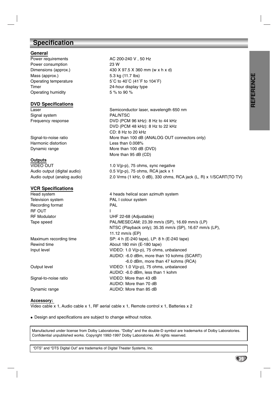 Specification, Reference | Sanyo HV-DX1E User Manual | Page 39 / 40