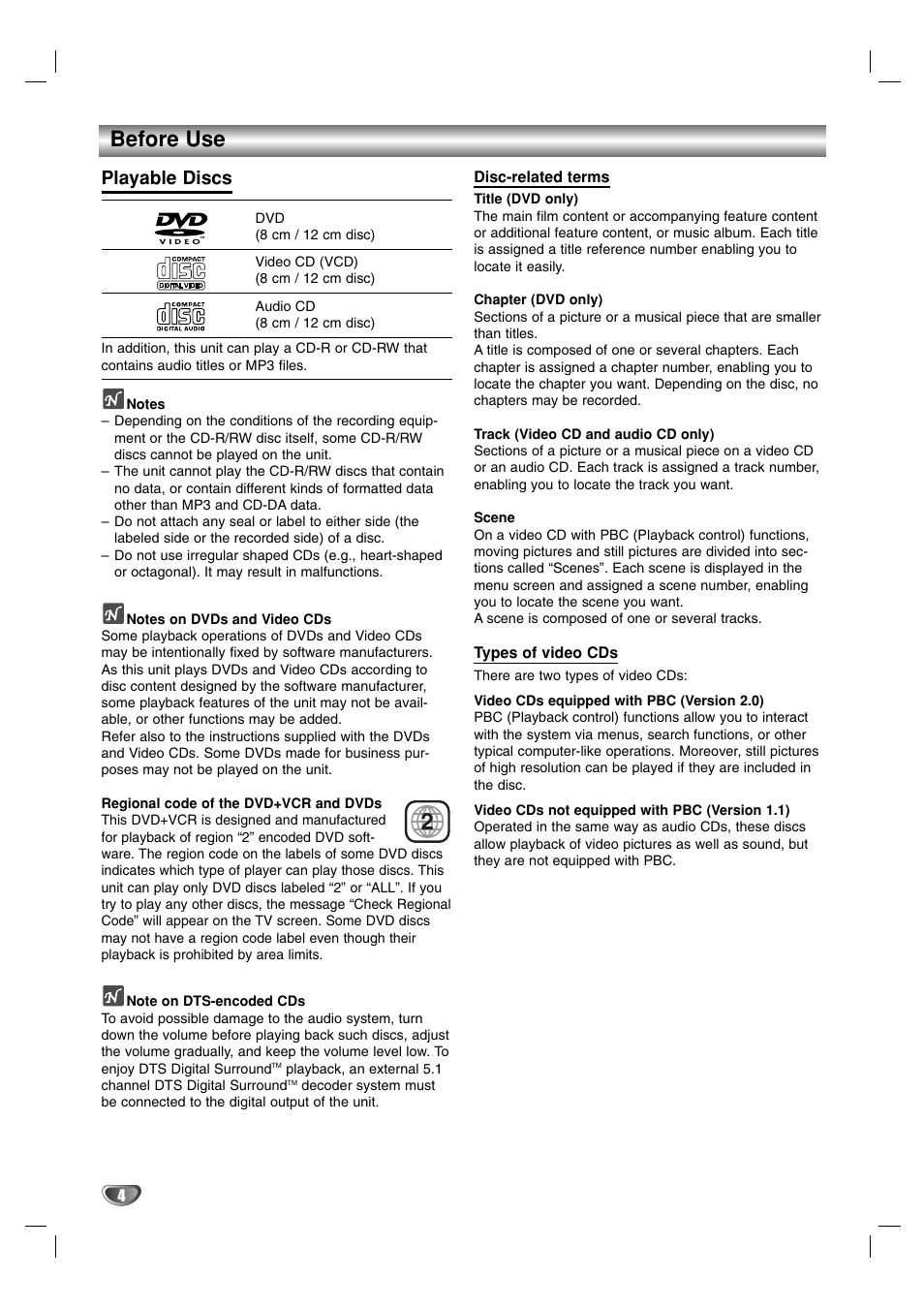 Before use, Playable discs | Sanyo HV-DX1E User Manual | Page 4 / 40