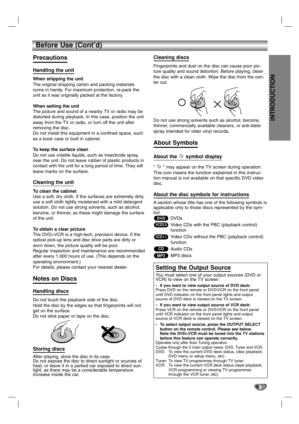 Before use (cont’d), Introduction, Precautions | About symbols, Setting the output source | Sanyo HV-DX1E User Manual | Page 5 / 40