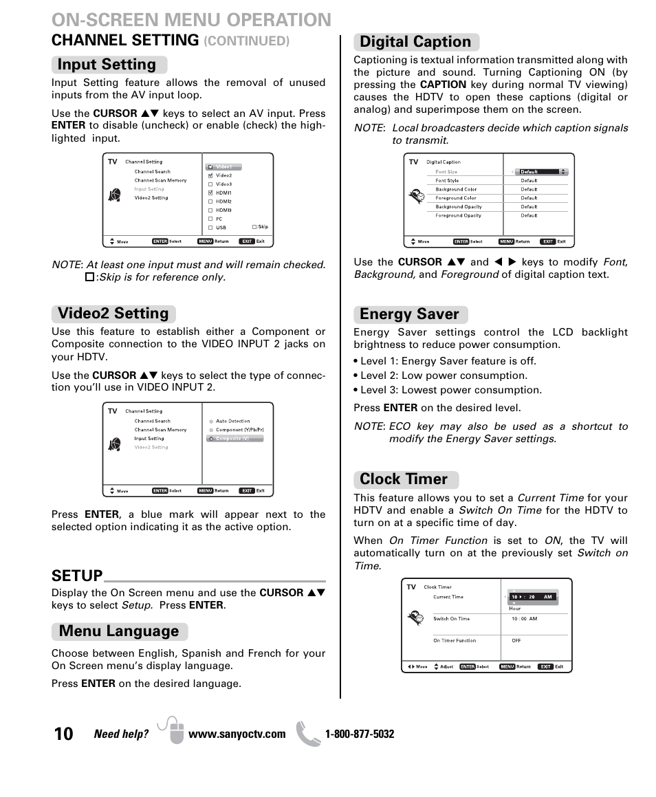 On-screen menu operation, Channel setting, Input setting | Video2 setting setup, Menu language, Digital caption, Energy saver, Clock timer | Sanyo DP32640 User Manual | Page 10 / 16