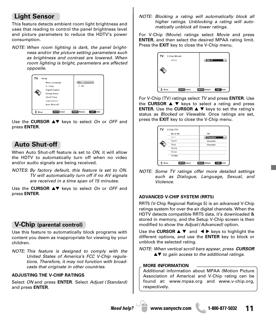 Light sensor, V-chip, Auto shut-off | Sanyo DP32640 User Manual | Page 11 / 16