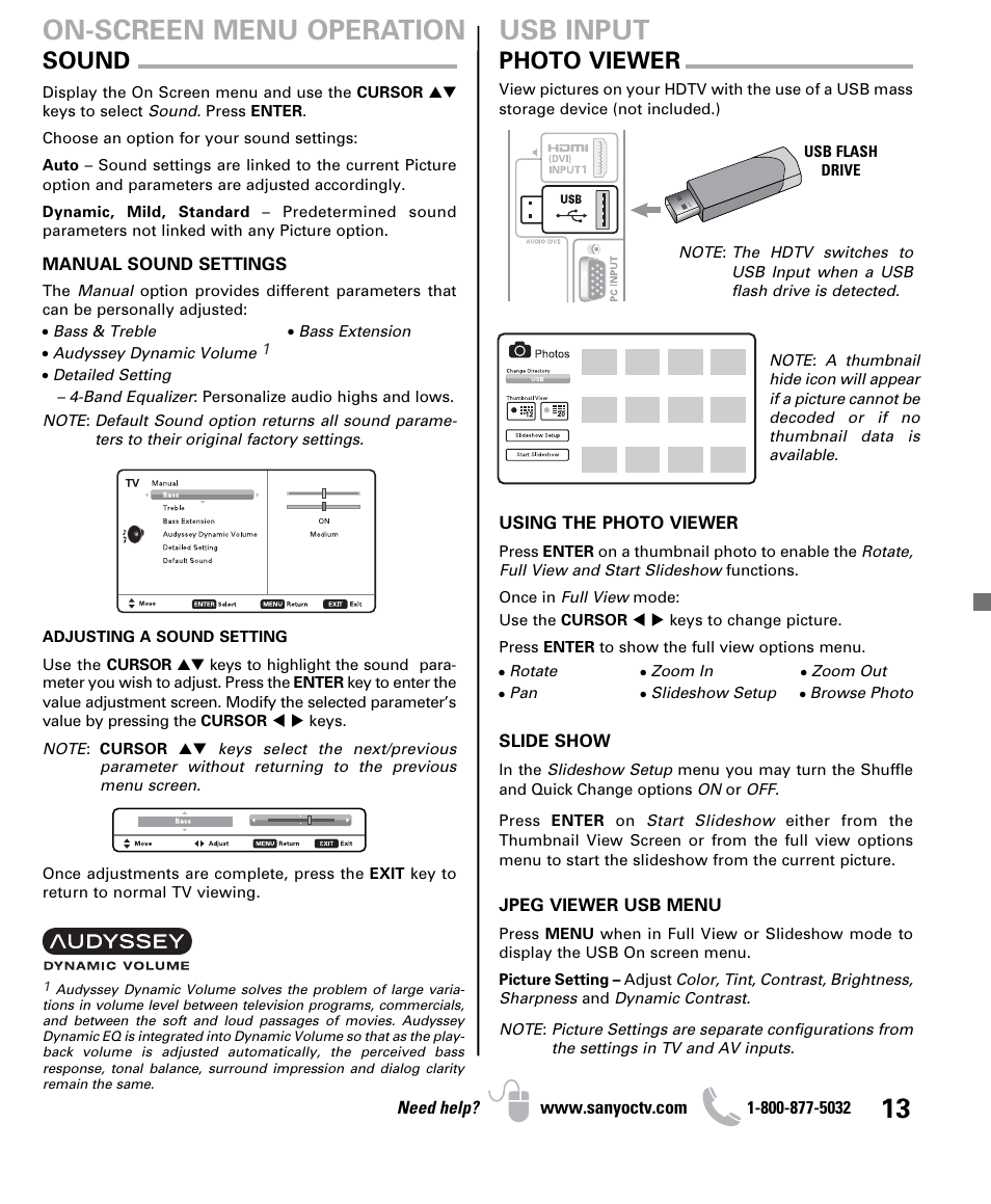 On-screen menu operation, Usb input, Sound | Photo viewer | Sanyo DP32640 User Manual | Page 13 / 16