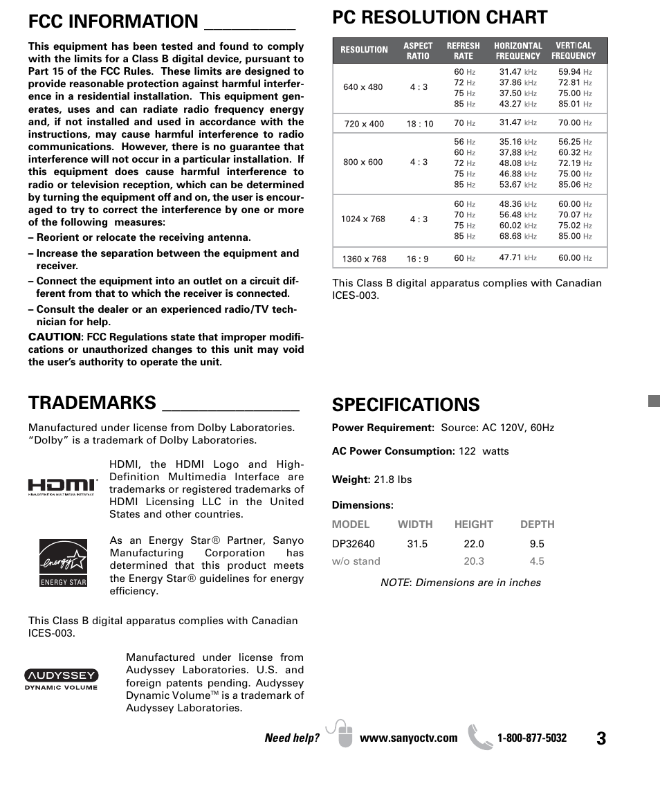 Pc resolution chart 3, Fcc information, Trademarks | Specifications | Sanyo DP32640 User Manual | Page 3 / 16