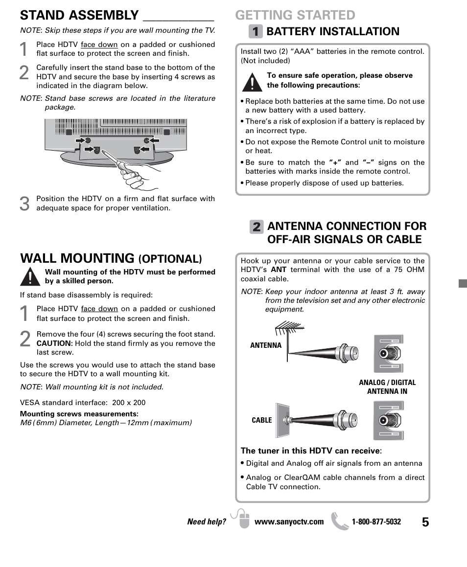 Wall mounting, Stand assembly, Getting started | Sanyo DP32640 User Manual | Page 5 / 16