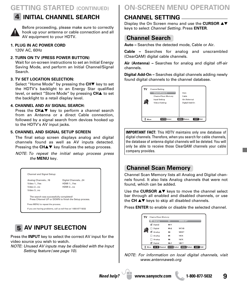 Getting started, On-screen menu operation, Initial channel search | Av input selection, Channel setting, Channel search | Sanyo DP32640 User Manual | Page 9 / 16