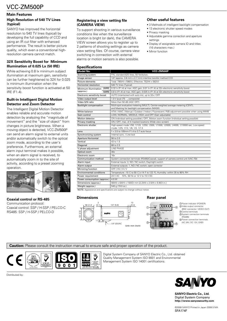 Vcc-zm500p, Specifications dimensions, Rear panel | High resolution of 540 tv lines (typical), Registering a view setting file (camera view), Main features other useful features, Coaxial control or rs-485 | Sanyo SFA174F User Manual | Page 2 / 2